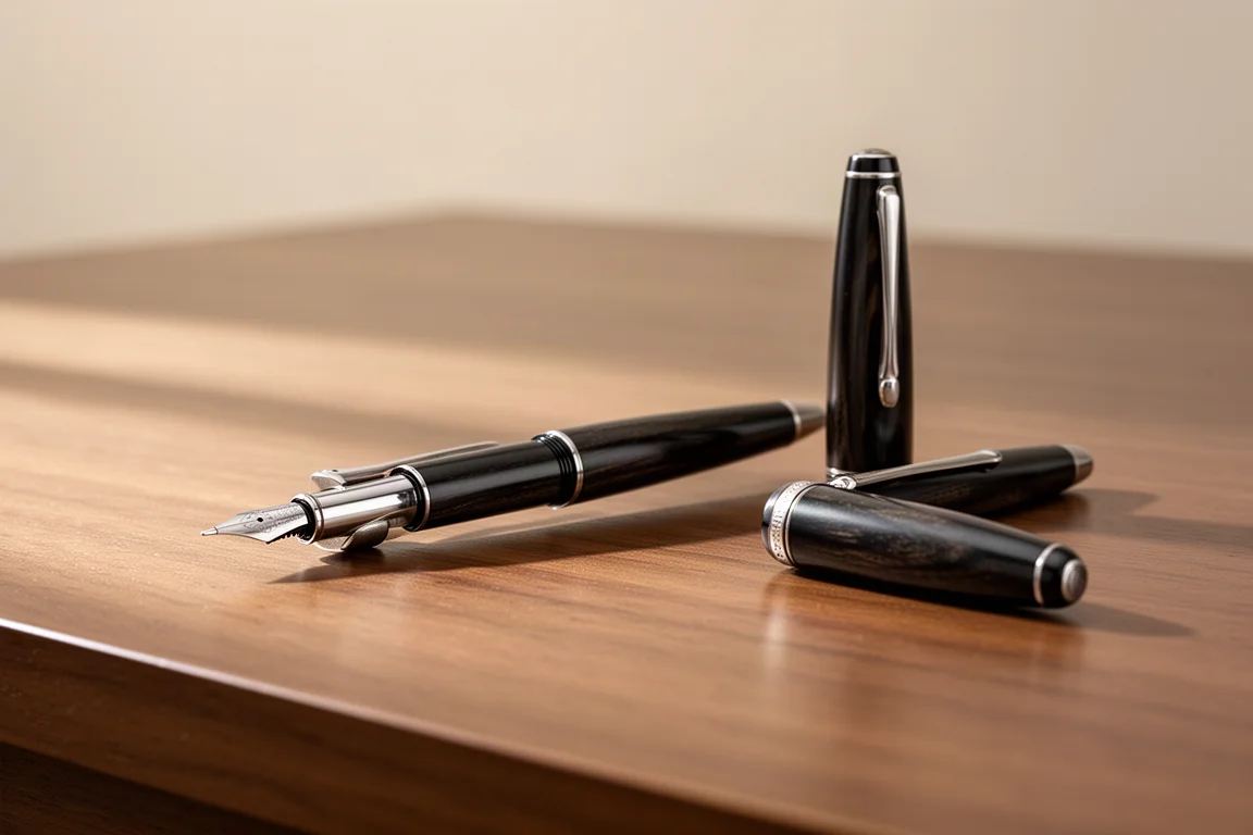 Stylo roller à capuchon décapuchonné avec une fine section de grip posé sur un bureau
