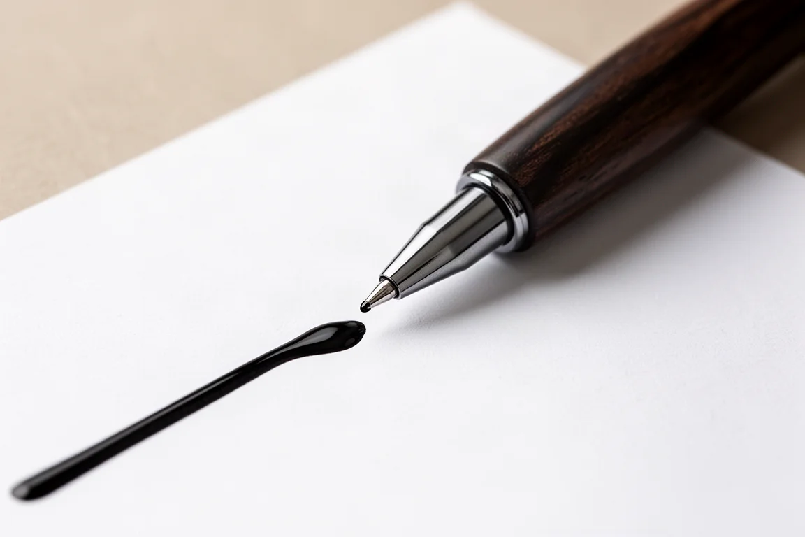 Stylo roller traçant une ligne d'encre liquide fluide sur du papier blanc