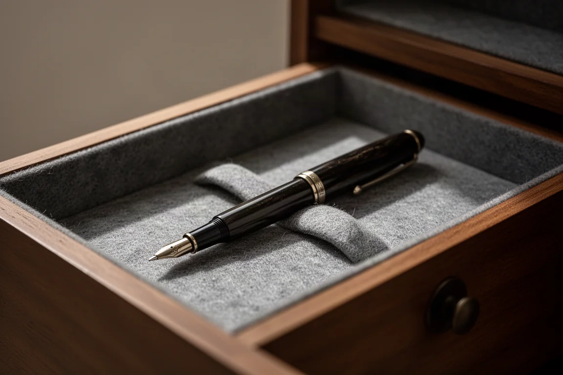 Stylo vintage rangé dans un tiroir fermé tapissé d'un tissu doux, protégé de la lumière