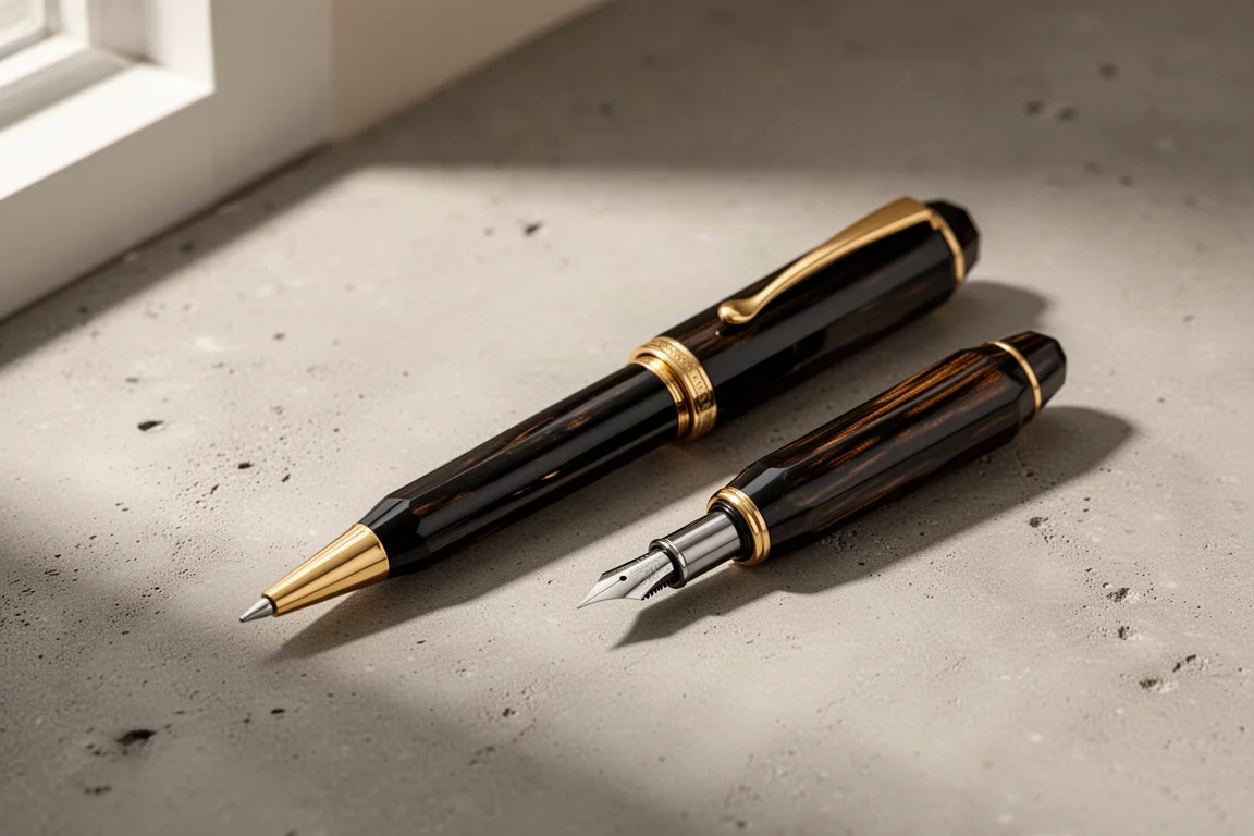 Penna rollerball vintage scura in ebonite con impugnatura dorata su una superficie in cemento