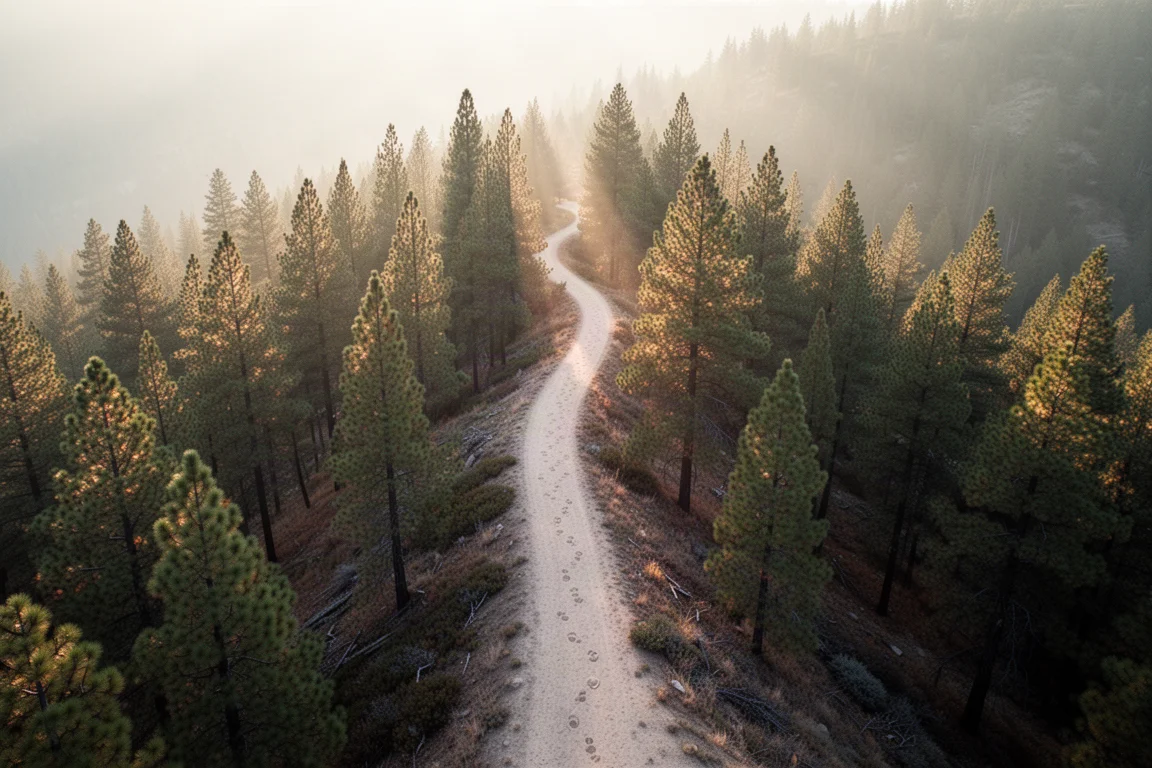 Vista aérea de un sendero de tierra con curvas en zigzag entre un bosque de pinos con luz matinal