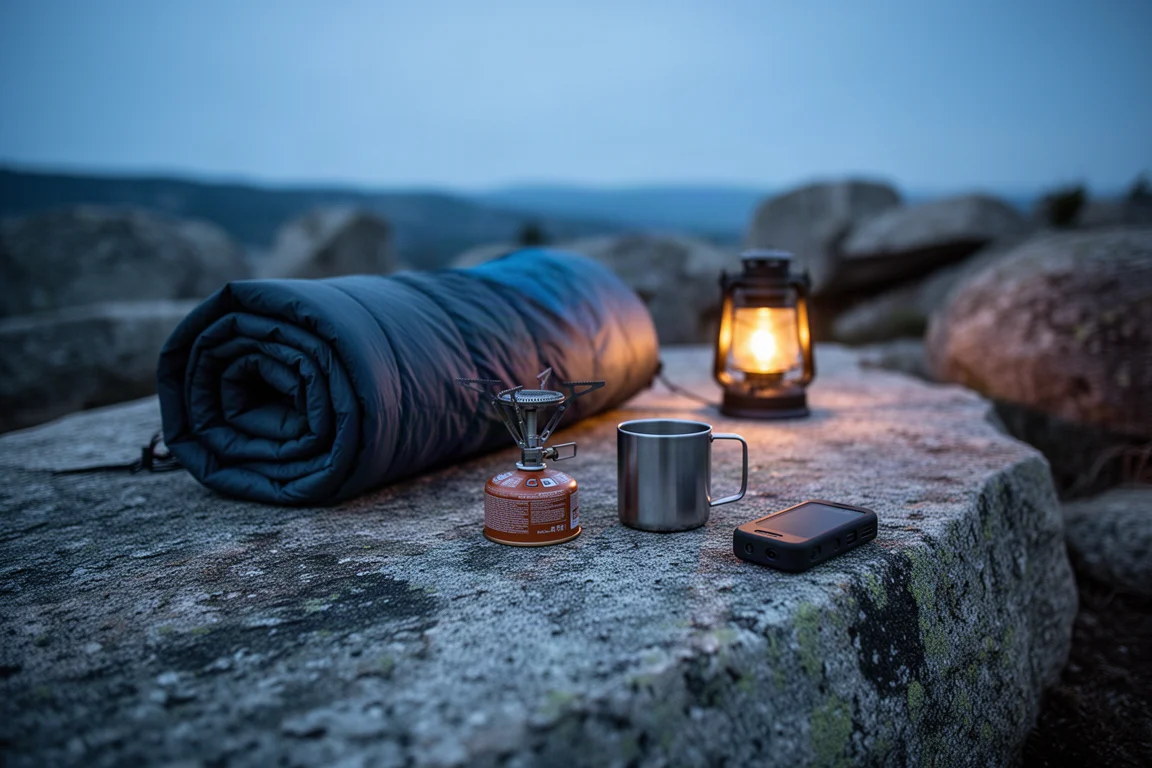 Campamento junto al sendero a la hora azul con saco de dormir, hornillo y un pequeño dispositivo sobre granito