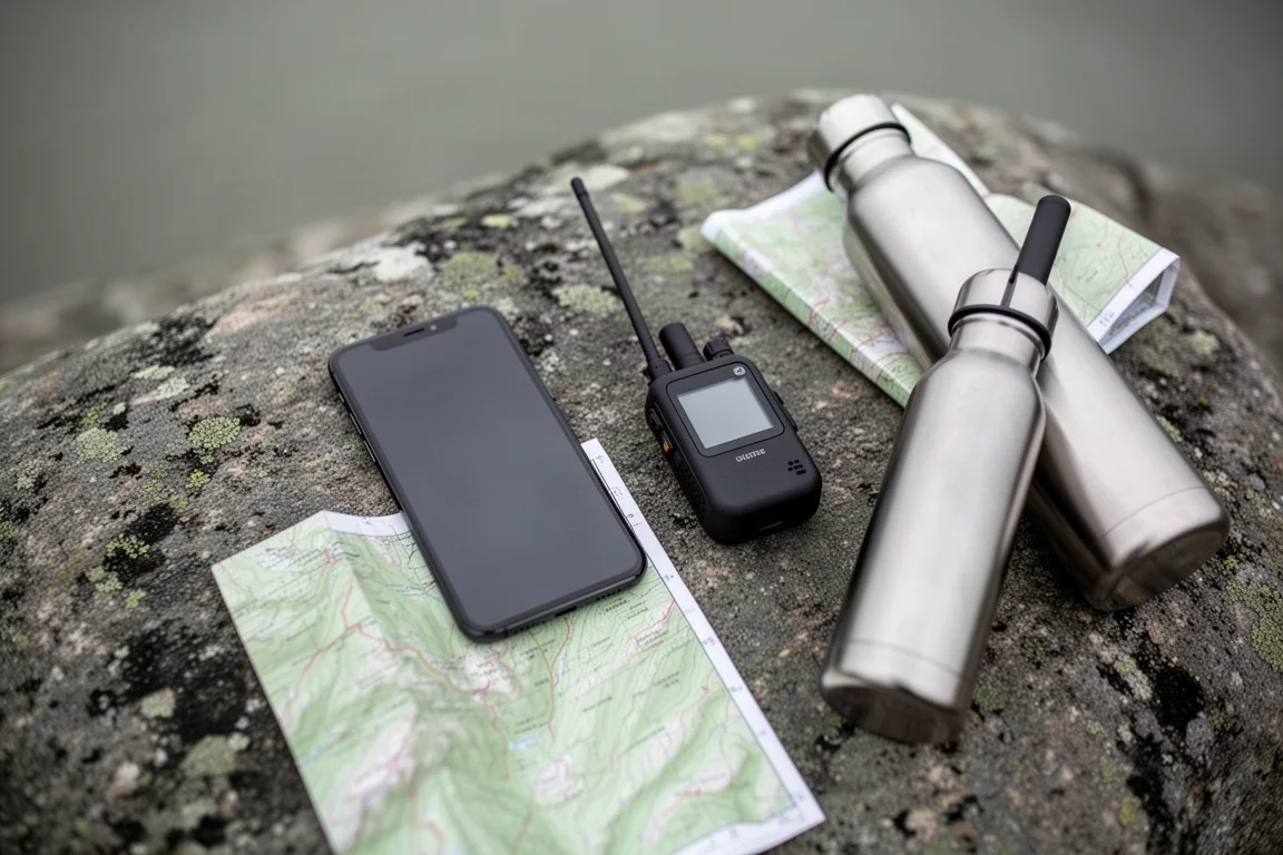 Vy ovanifrån av en telefon, satellitkommunikator och karta på granit