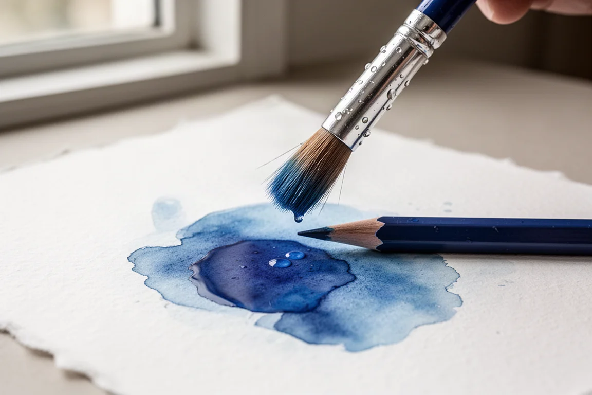 Pędzel z wodą pobierający pigment z zaostrzonej końcówki ołówka do mokrej plamy koloru