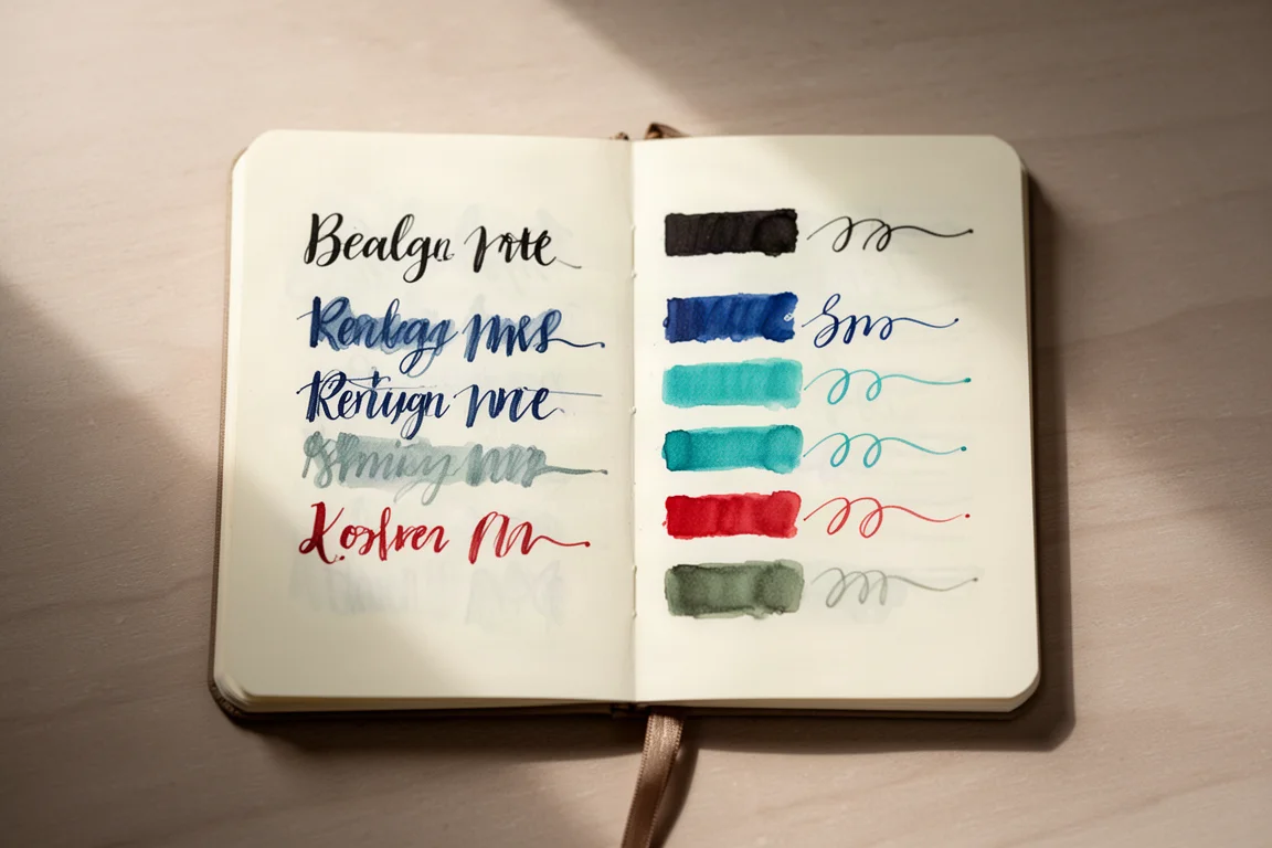 Geöffnete Planner-Seite mit Tintenfächern und Stiftmustern in ordentlichen Reihen