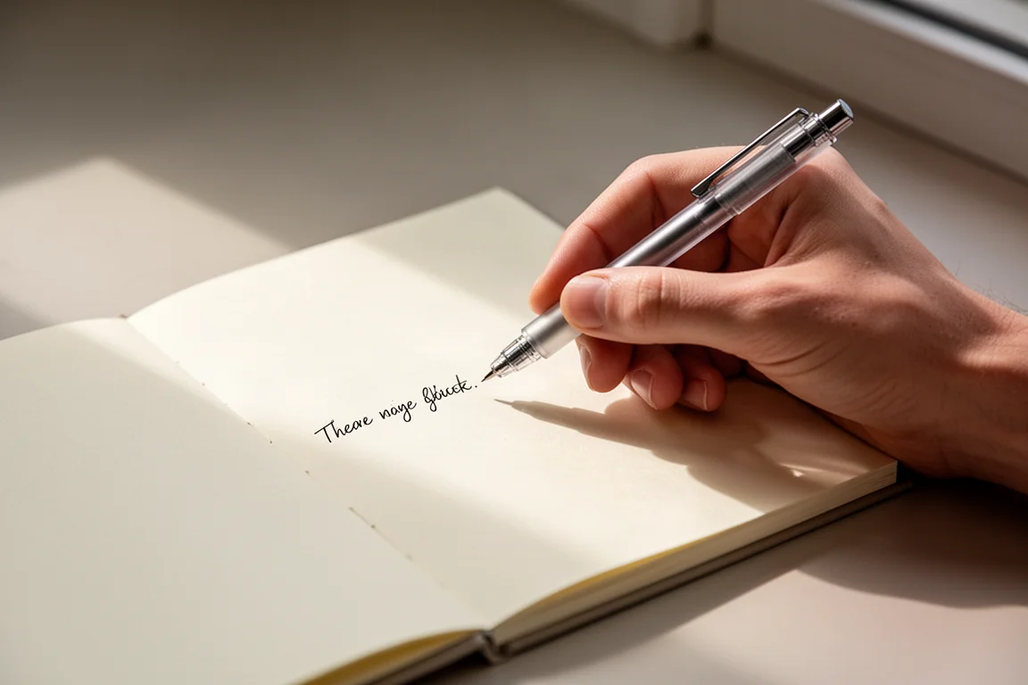 Hand schreibt mit einem kompakten Gelstift in einem schlanken Planer