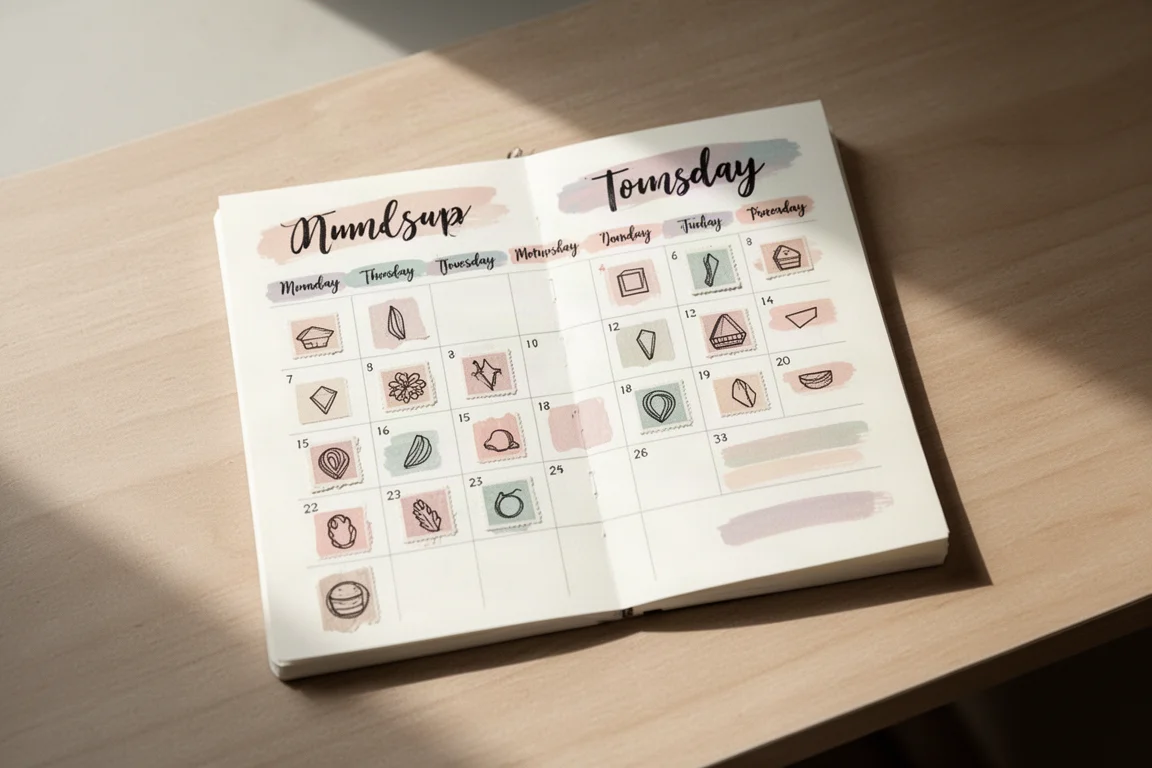 Planner-Doppelseite verziert mit Stempeln, Washi-Akzenten und Beschriftung