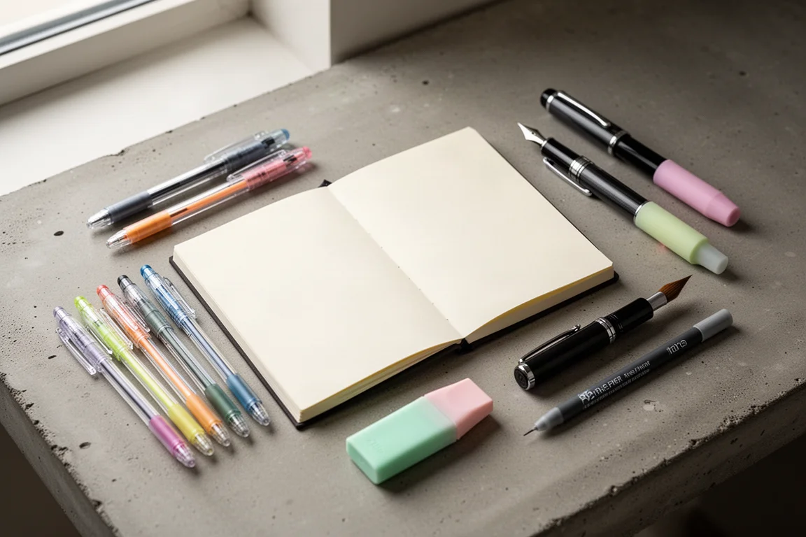Open A6 planner surrounded by gel pens, a fountain pen and brush pens on a desk