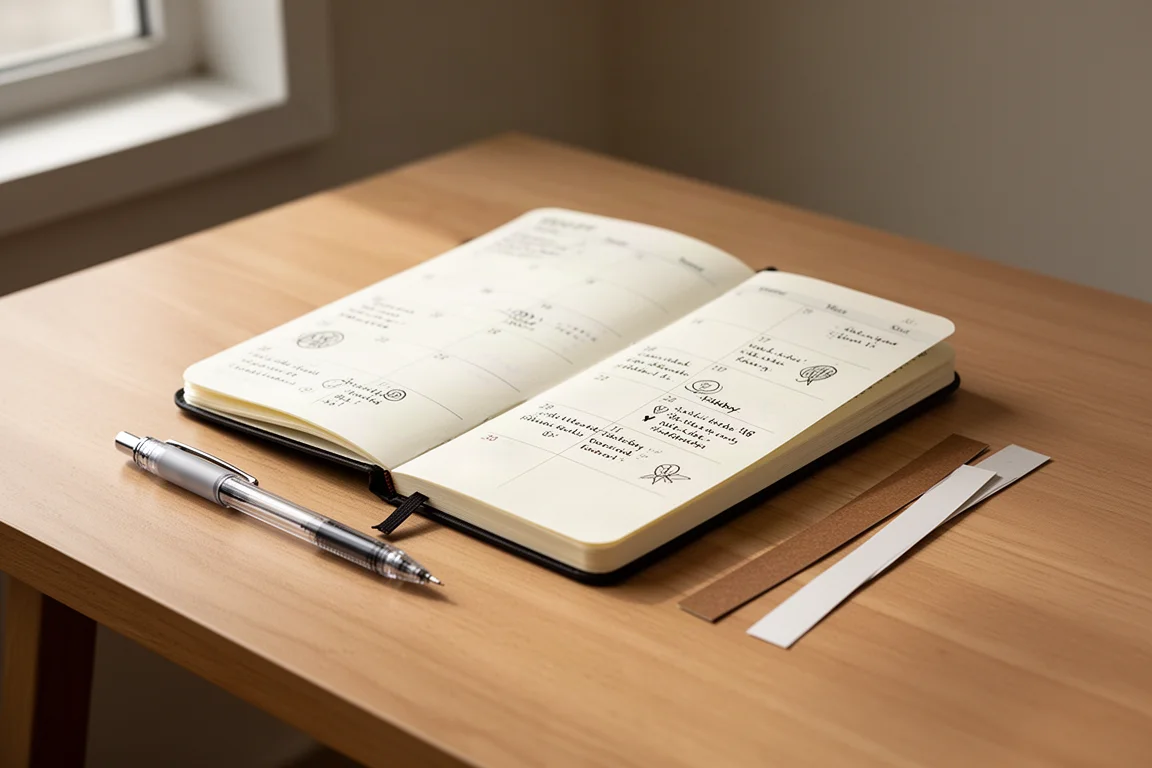 Agenda A6 rigida aperta con pagine calendario e segnalibri su una scrivania in legno