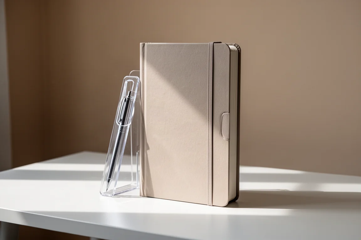 Planner A5 w twardej oprawie stojący pionowo na minimalistycznym biurku obok podkładki pod pisanie