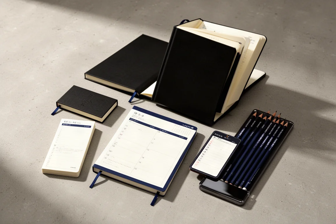 Flat-lay of Japanese planners in several sizes on a concrete surface