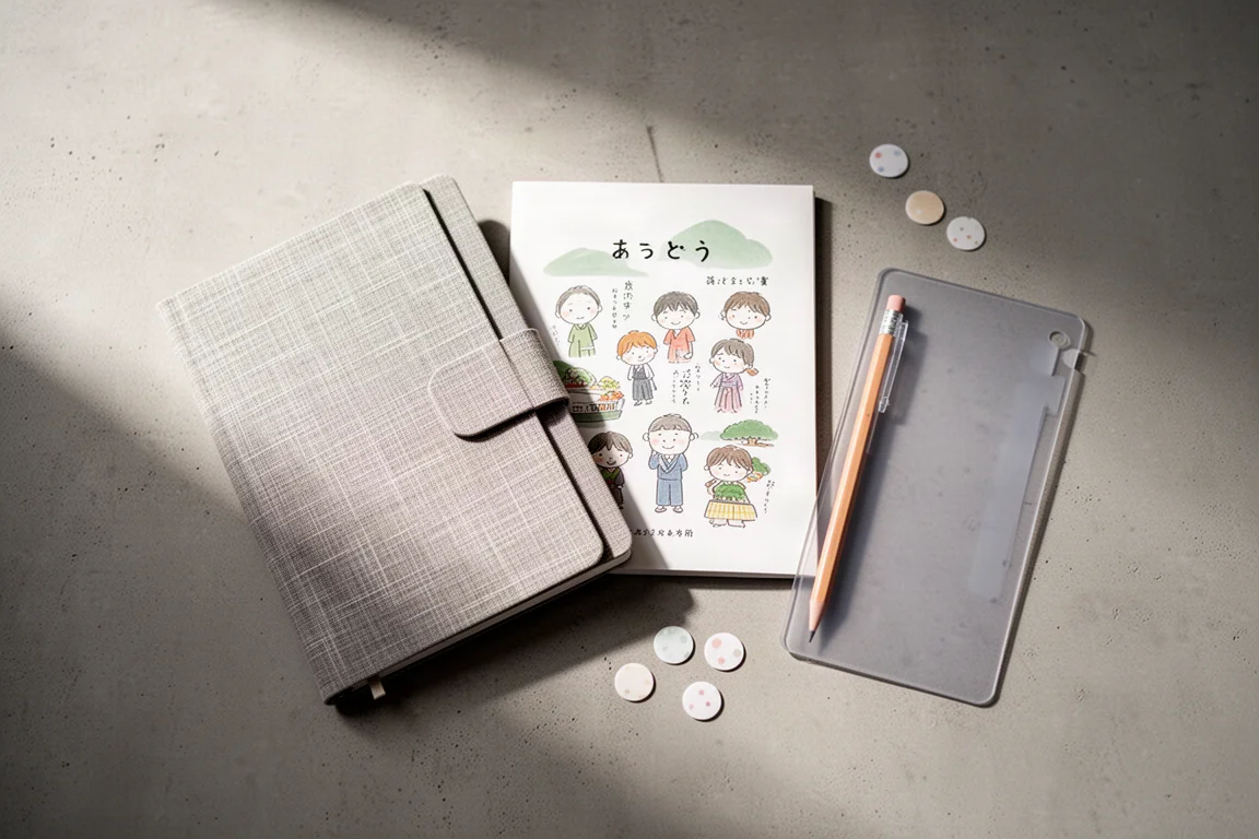 Flat-lay of fabric planner covers and small stationery accessories on a concrete surface