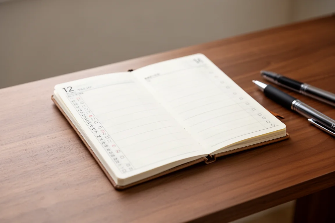Open A6 planner showing a dated daily page with a timeline and check boxes