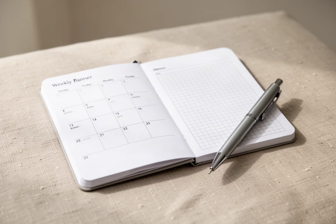 Slim weekly planner open to a weekly calendar page beside a gridded memo page