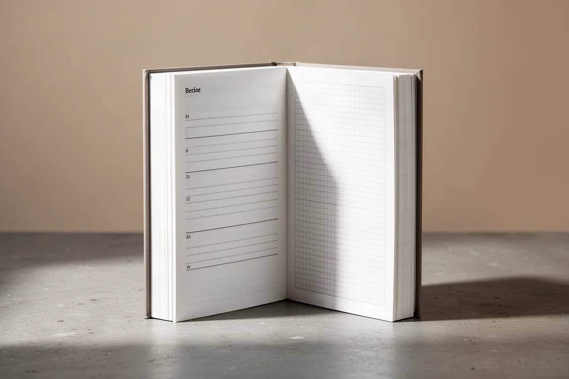 Thick long-term planner open to a five-year daily entry layout with a grid page