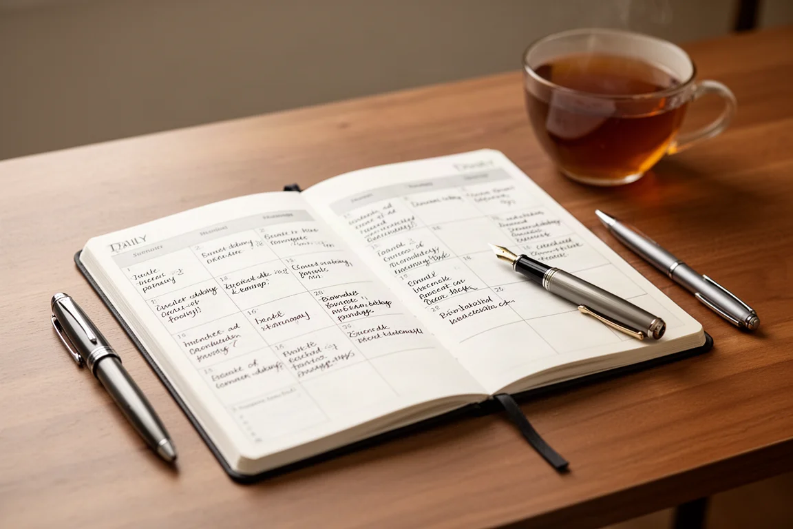 Páginas abertas de um planner com anotações diárias escritas à mão e uma caneta-tinteiro apoiada ao lado