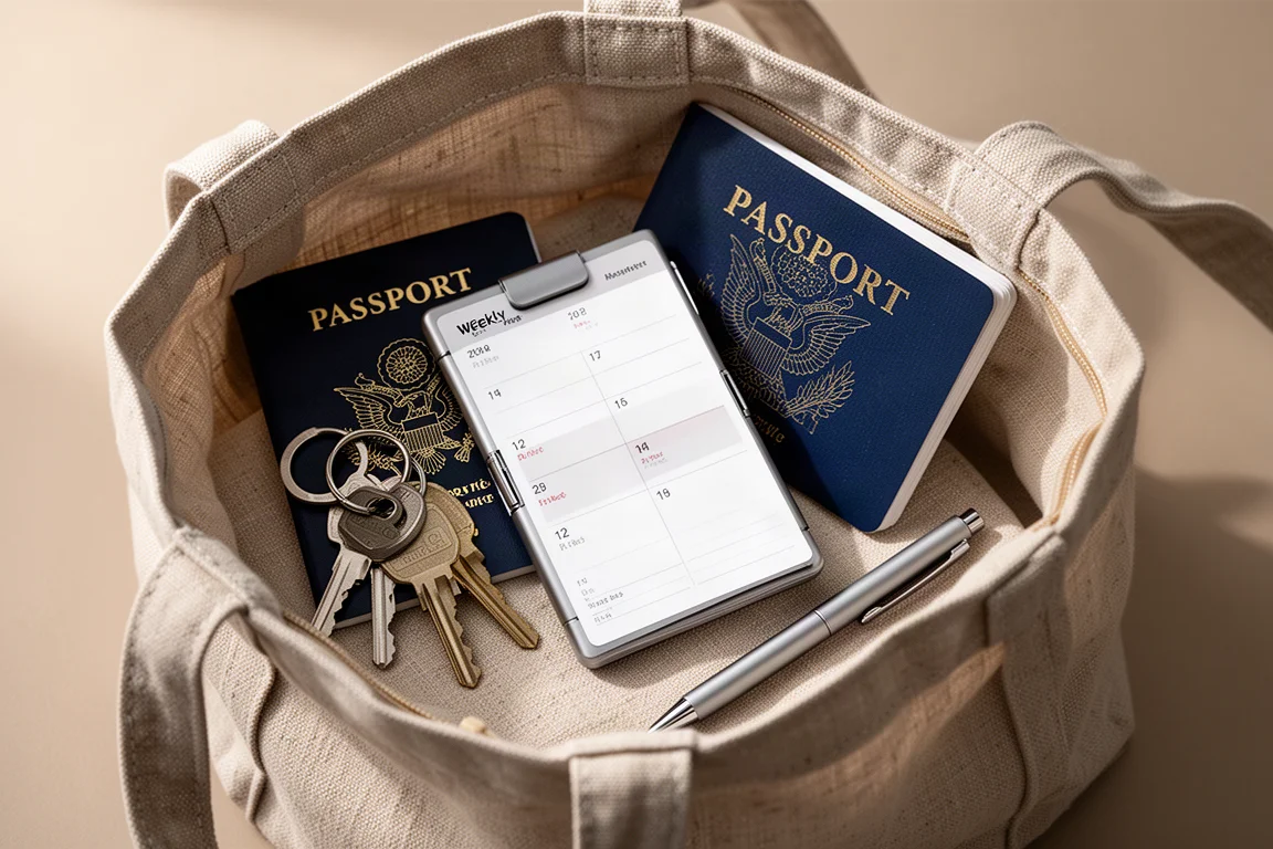Planner semanal compacto guardado em uma bolsa ao lado de um passaporte e chaves