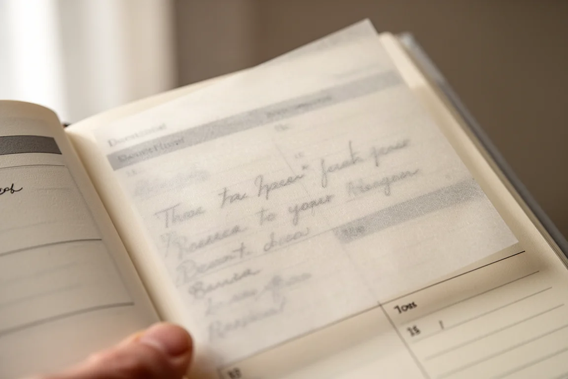 Primeiro plano do papel fino do planner mostrando leve transparecência da tinta no verso