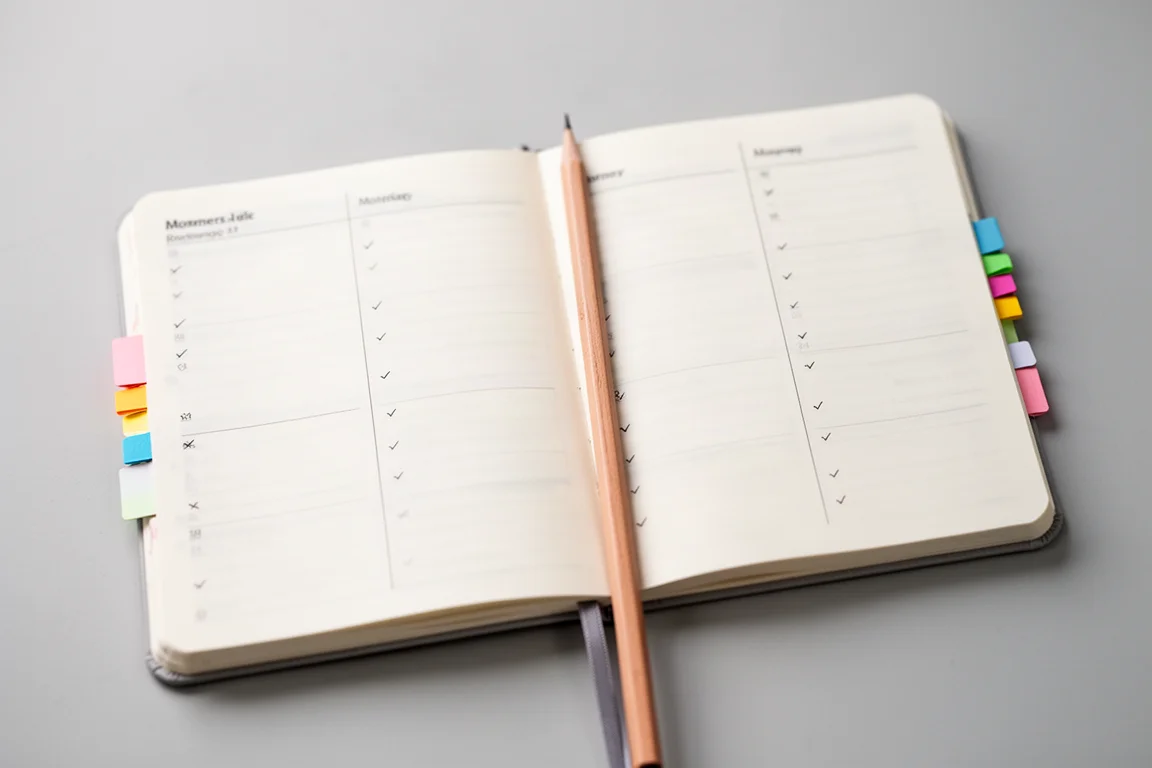 Página de planner dividida em seções com pequenos traços de marcação e abas coloridas