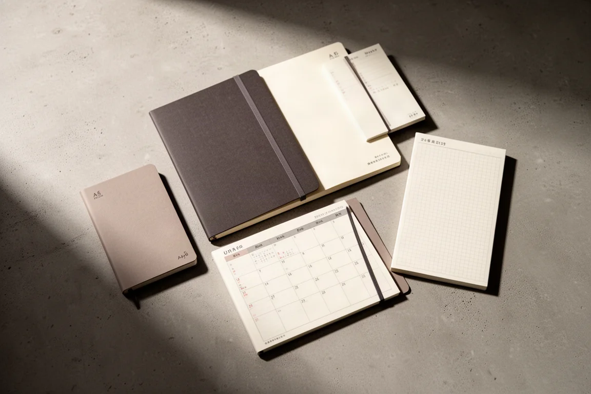 Assortimento di planner in stile Hobonichi di varie dimensioni disposti su una superficie di cemento