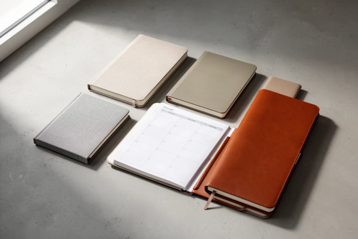 Collection of Hobonichi planners in A6 and A5 sizes with muted covers on a grey surface