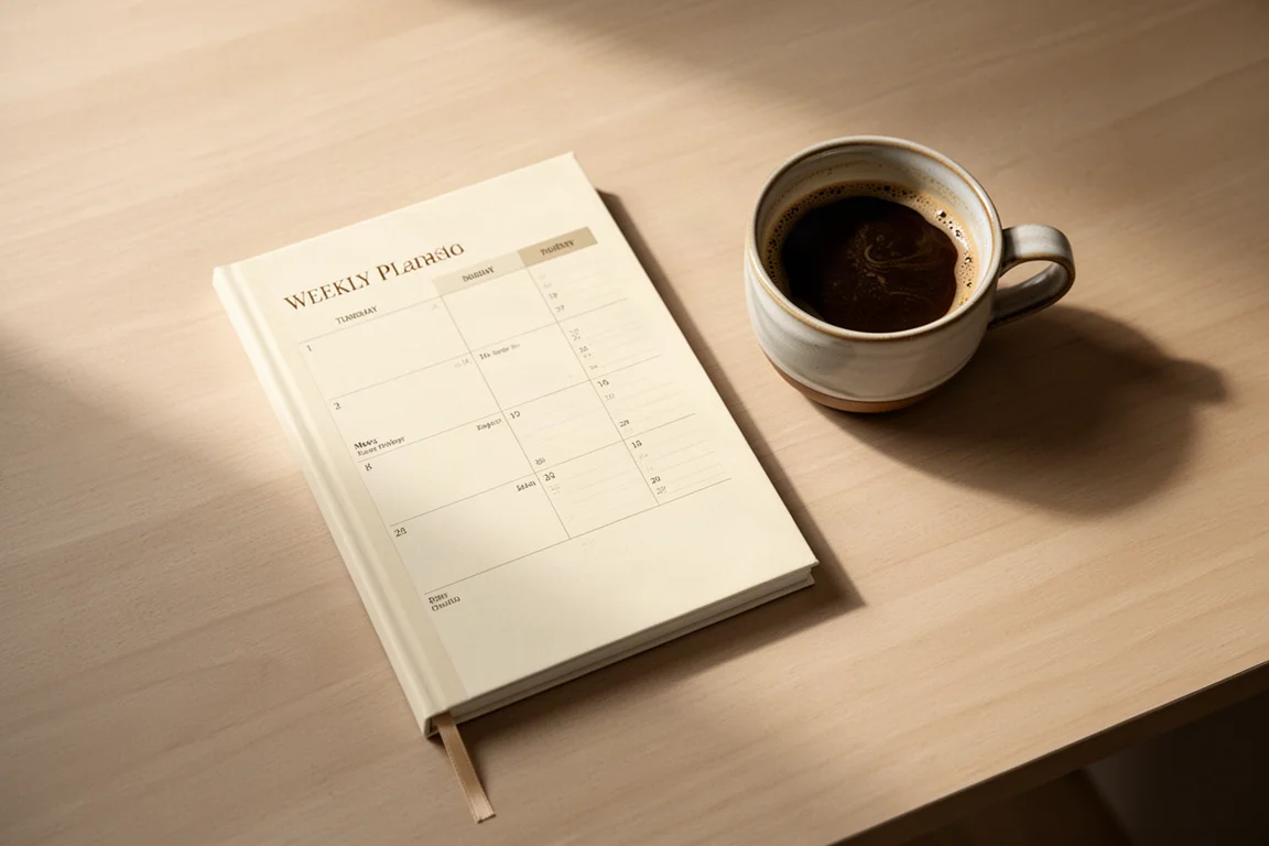 Slim hardcover planner beside a coffee cup on a minimal desk