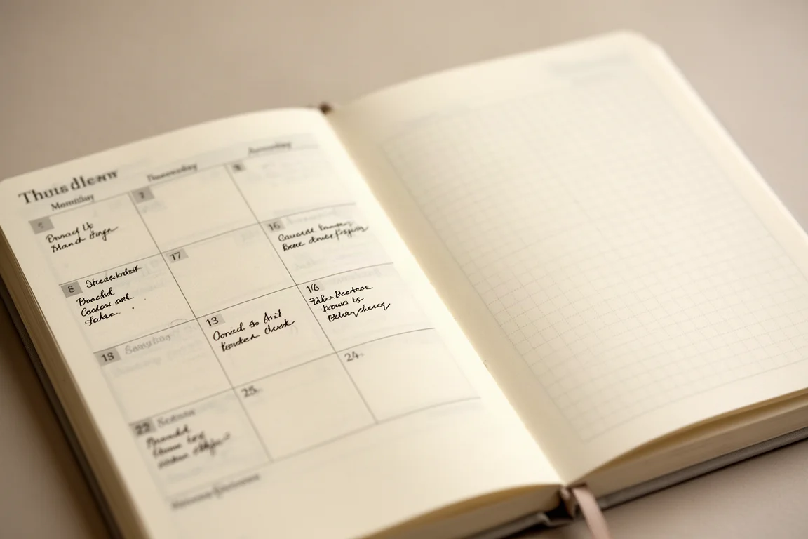 Open weekly spread with small daily boxes and a blank grid page