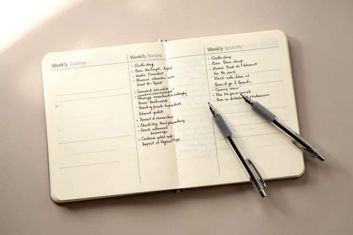 Weekly spread divided into to-do, notes, and gratitude sections