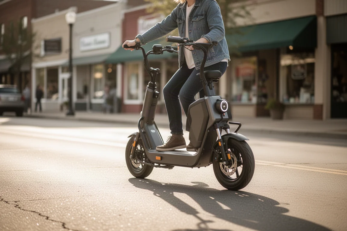 Ciclista em uma e-bike estilo moped passeando por uma rua de cidade pequena em dia ensolarado