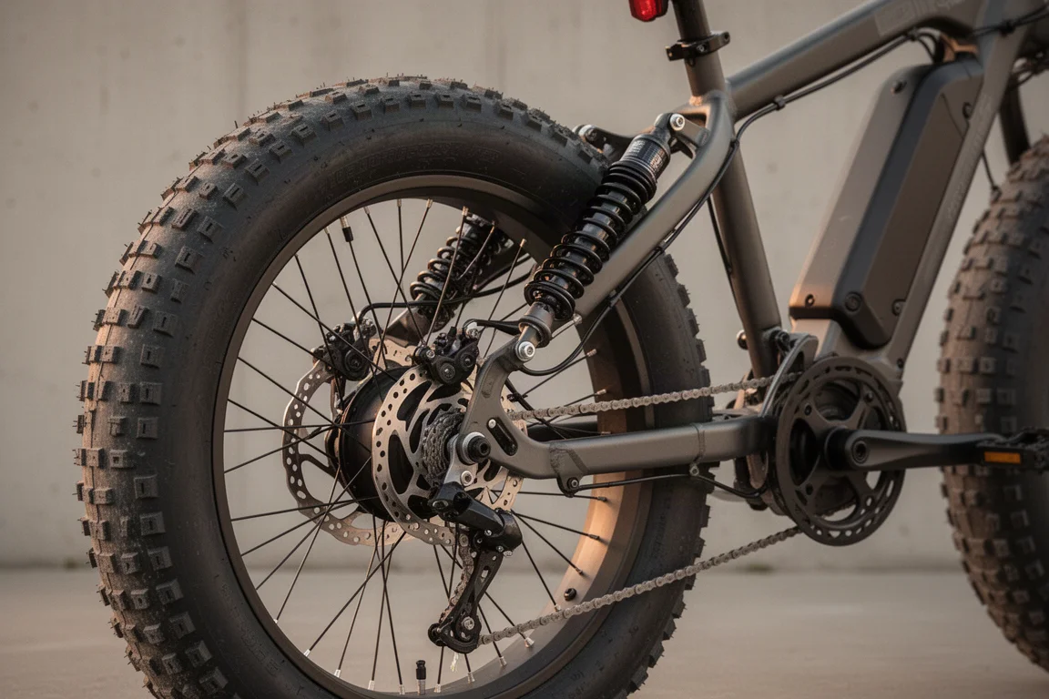 Close do pneu fat knobby e da suspensão traseira de uma e-bike