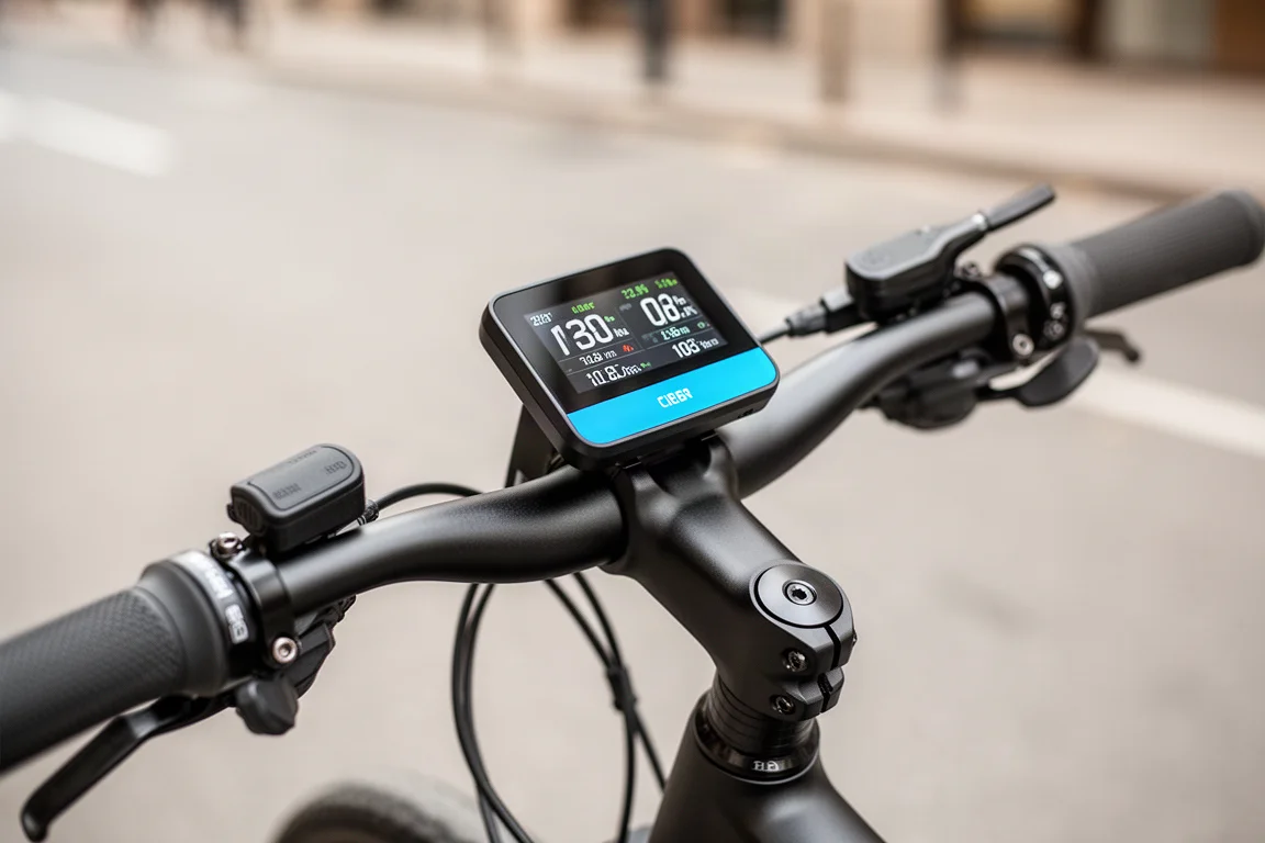 Display de e-bike mostrando bateria e distância em uma parada