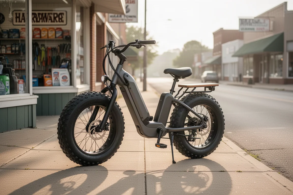 E-bike estacionada em frente a uma loja de cidade pequena com clima de correios do dia a dia