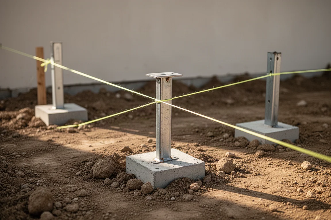 Piquets carrés en béton maintenant un cordeau de traçage sur un chantier