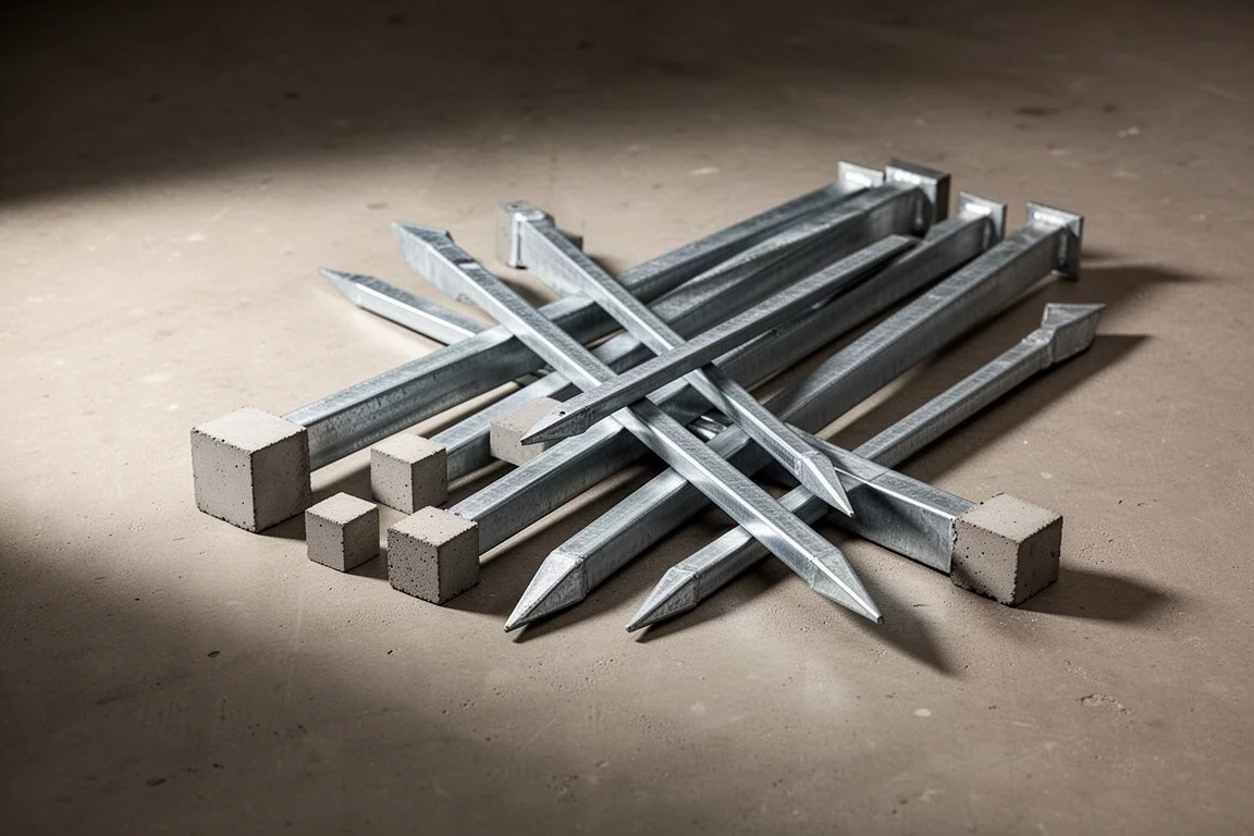 Collection of square galvanized steel concrete stakes on a concrete floor