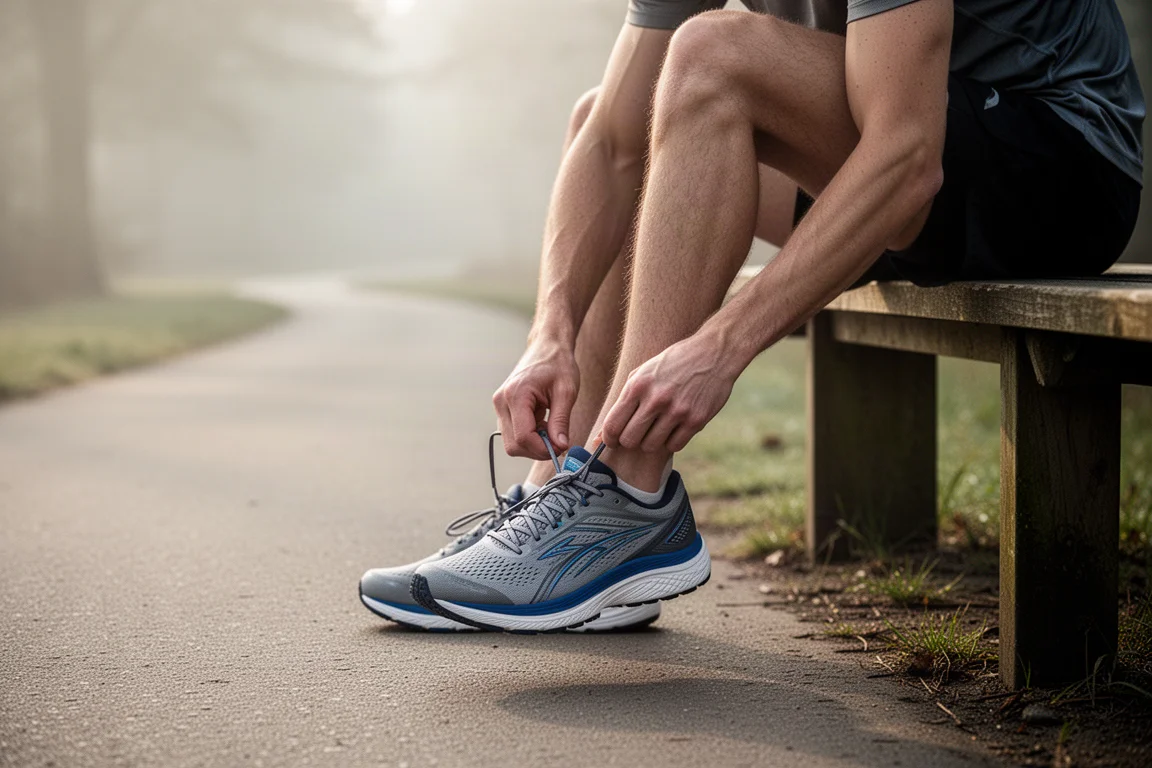 Runner lacing up cushioned stability running shoes on a quiet roadside path