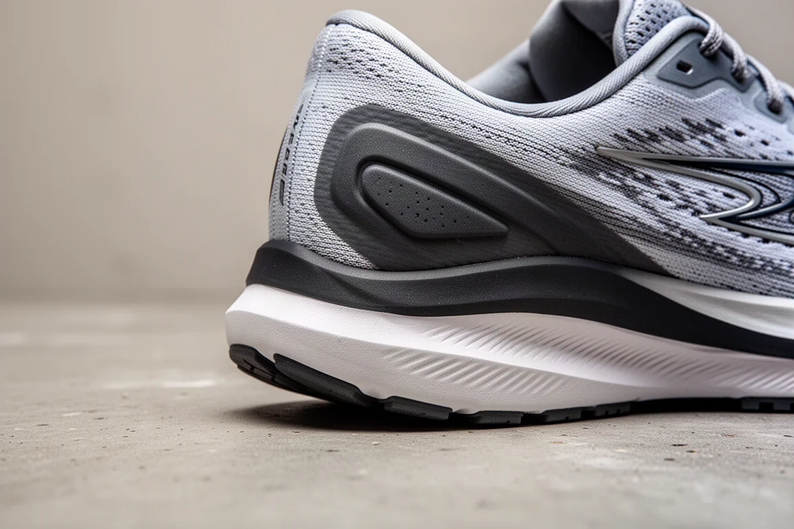 Close-up of a dual-density midsole heel on a stability running shoe