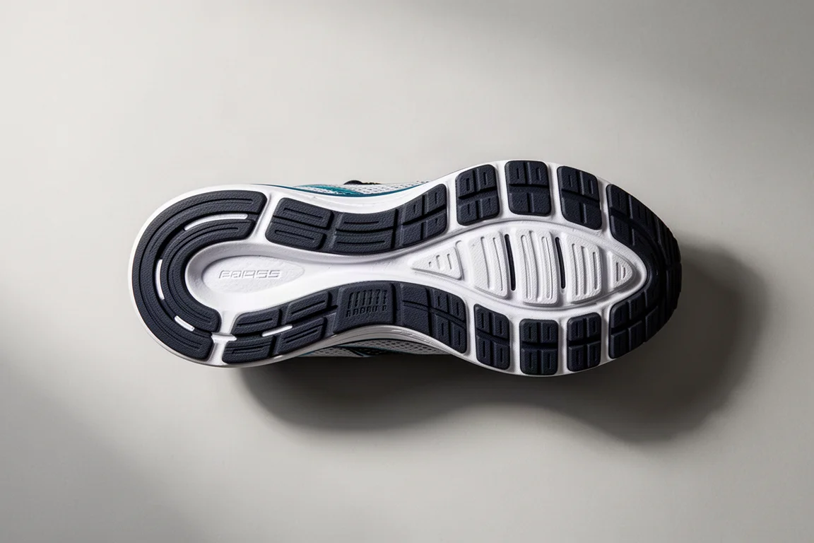 Sole of a running shoe showing wide platform and outsole coverage