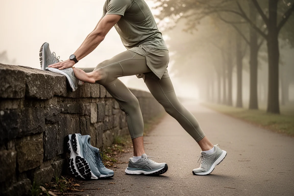 Runner stretching after a long easy run on a shaded trail