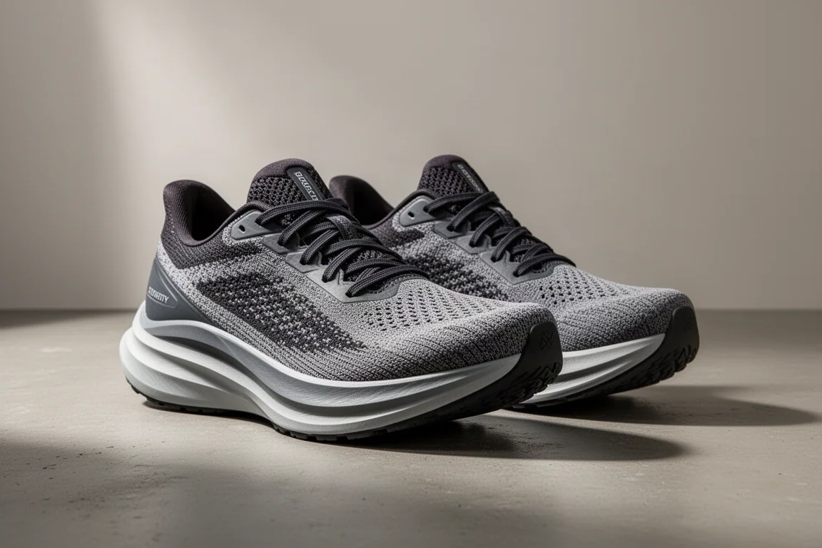 Pair of Hoka-style stability running shoes on a matte concrete surface
