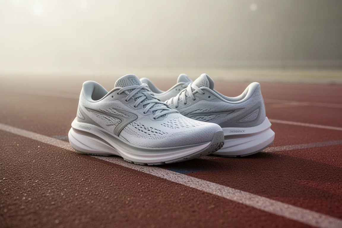 Pair of stability running shoes on a track with soft morning light
