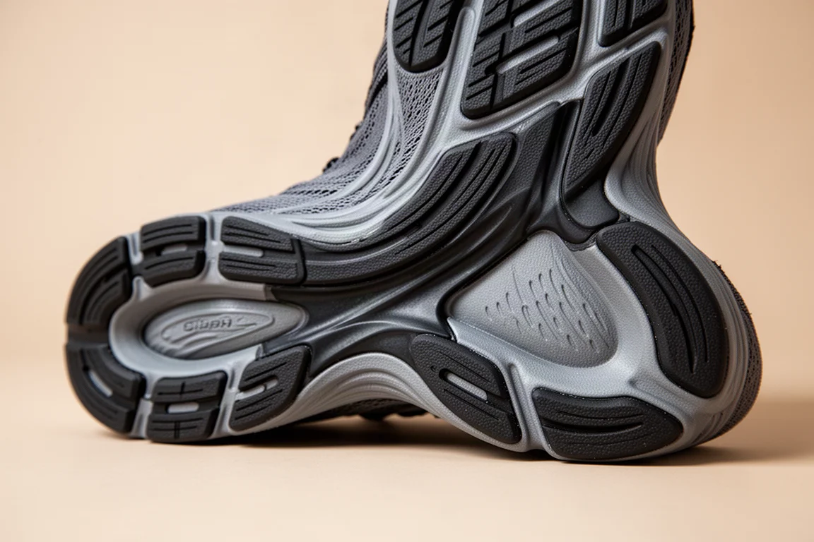 Close-up of the outsole of a stability running shoe showing firmer stability elements