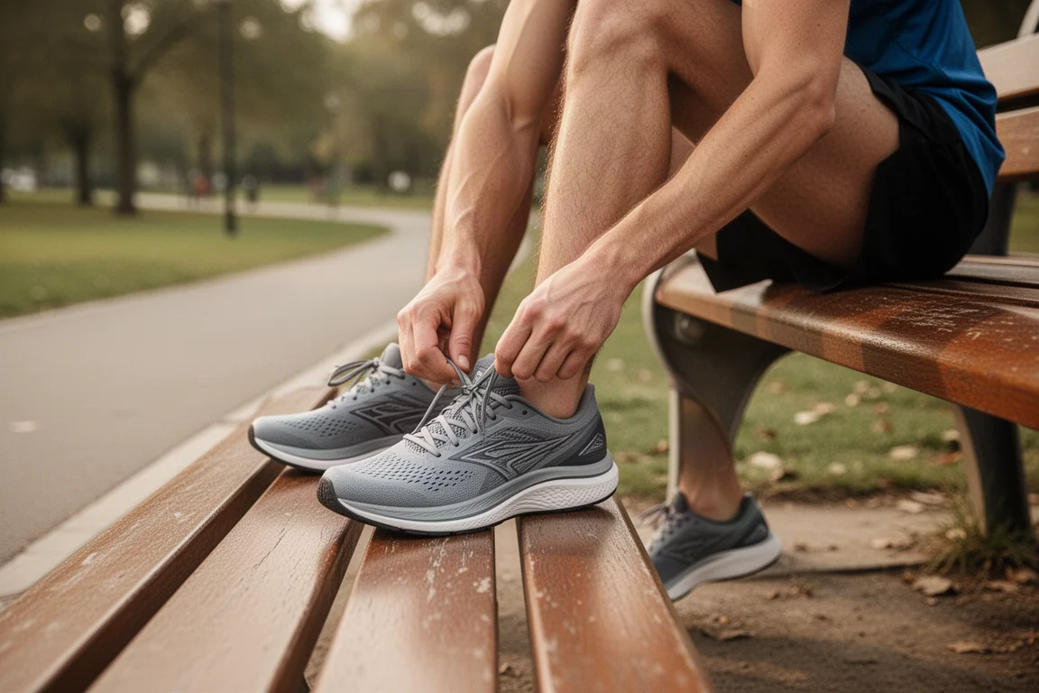 Runner tying shoe laces on a wooden bench before a run