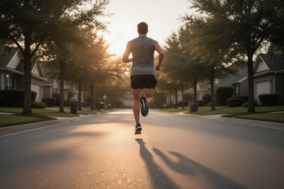 Runner on a long easy run along a quiet suburban road at golden hour