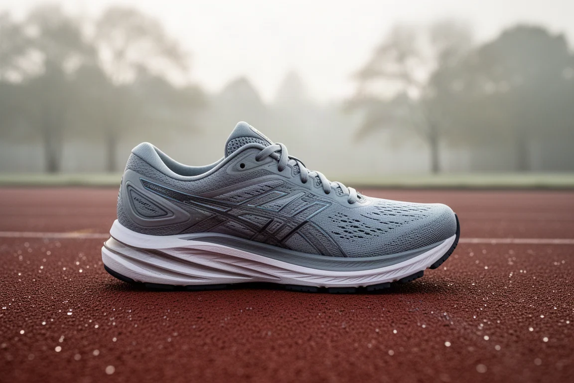 Scarpa da running stabile appoggiata su una pista dopo un allenamento