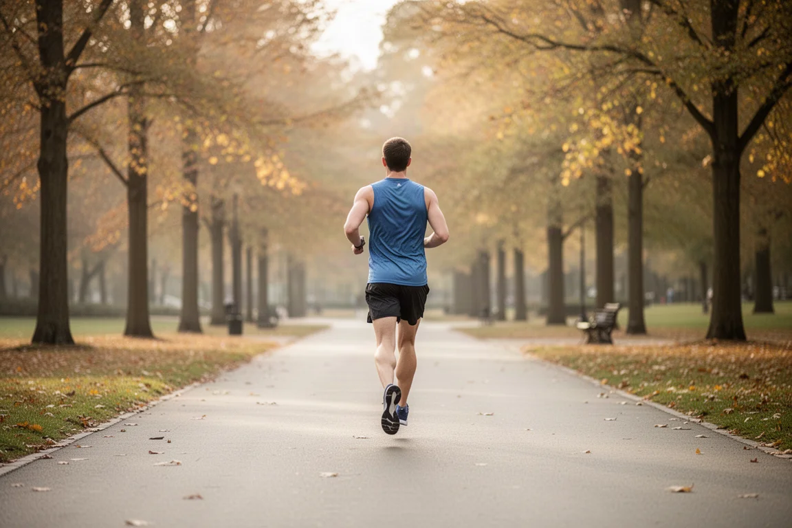 Runner che trotta su un sentiero asfaltato nella luce morbida del giorno