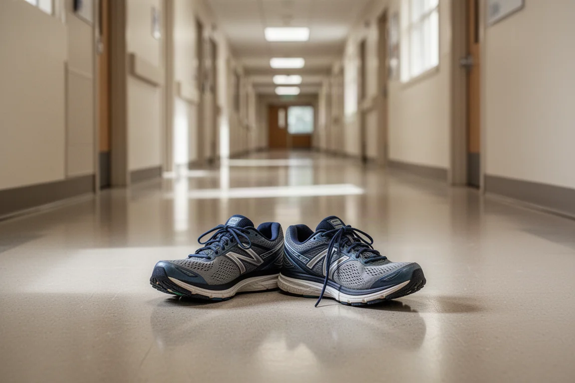 Scarpe da passeggiata su un pavimento interno duro in un contesto di corridoio