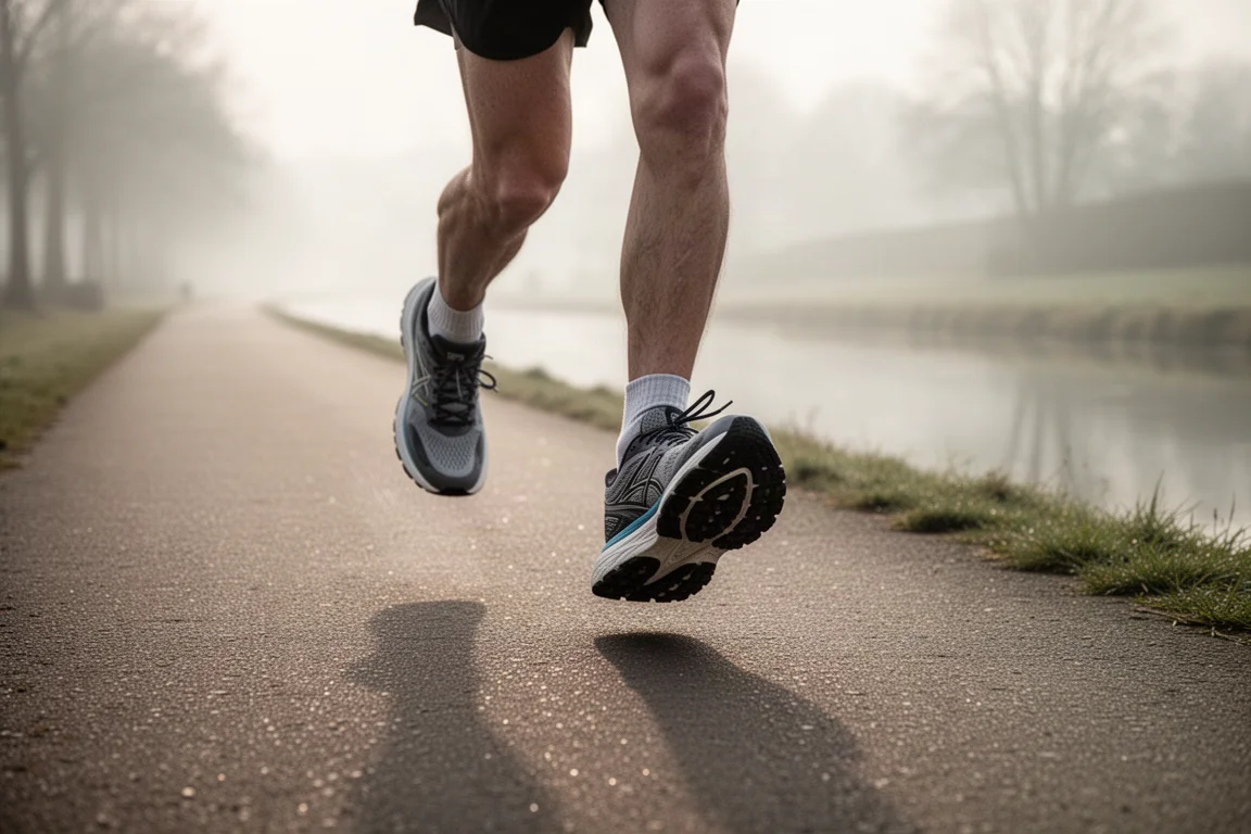 Un corridore cammina su un sentiero aliale di un canale nella prima mattina indossando scarpe da running stradali ammortizzate