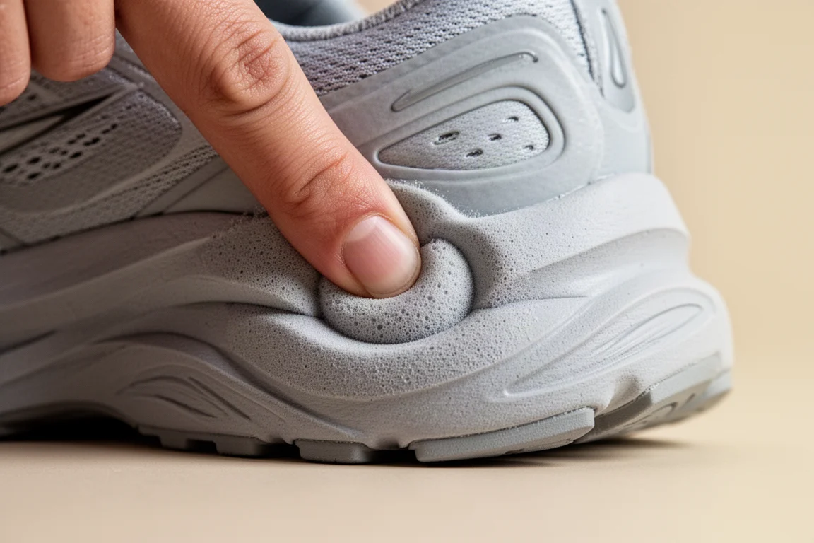 Primo piano di una suola intermedia spessa e ammortizzata di una scarpa da running premuta dal pollice