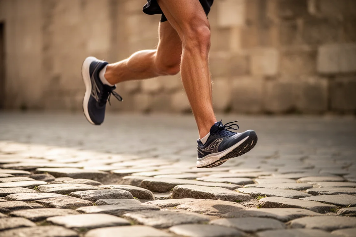 Un corridore attraversa una strada acciottolata irregolare mantenendo l'equilibrio