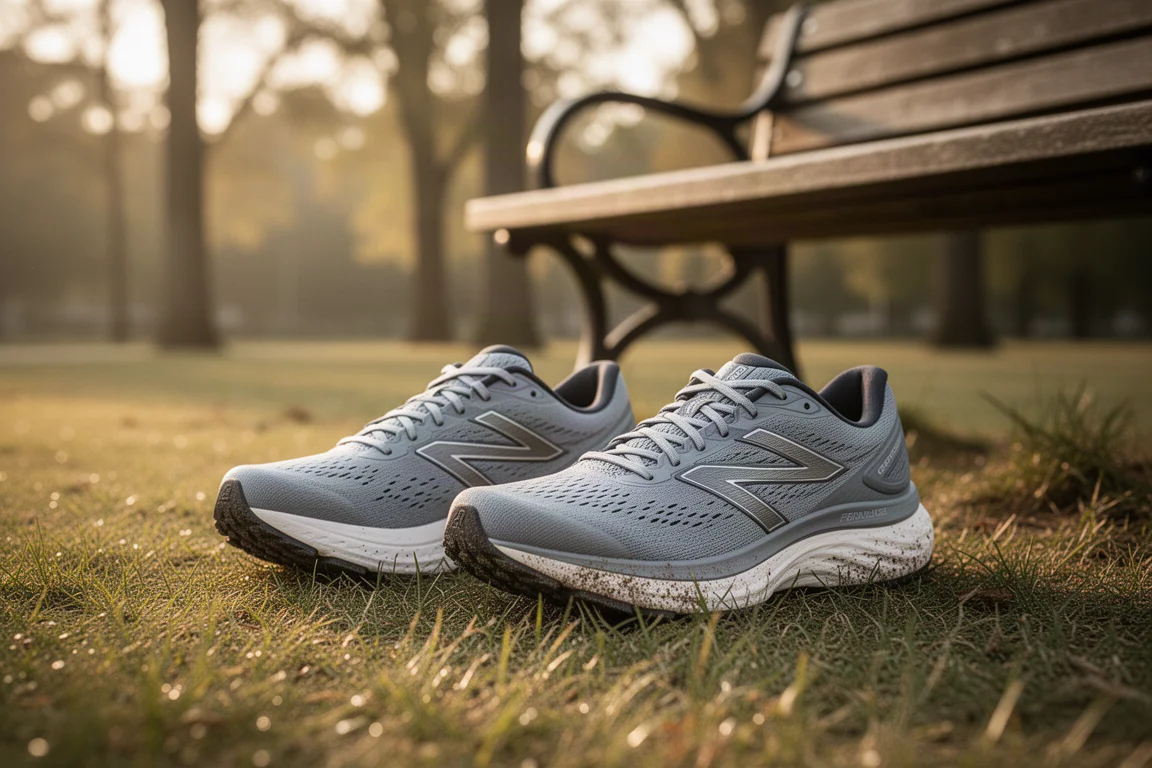 Scarpe da running appoggiate accanto a una panchina del parco dopo un lungo allenamento facile